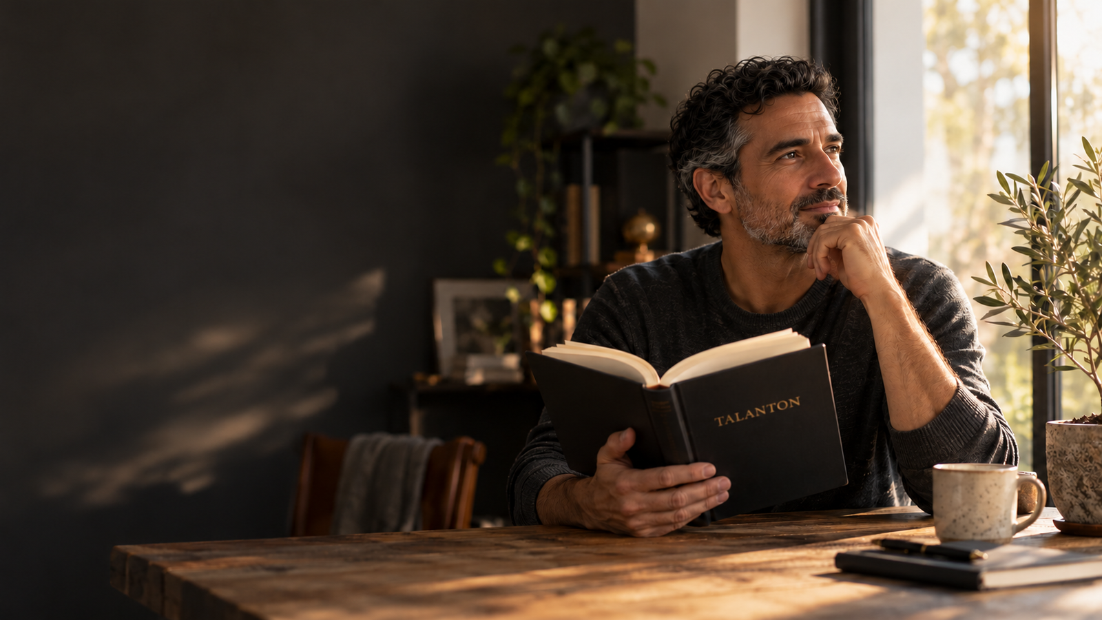 A thoughtful reader reflecting on Talanton beside a sunlit window